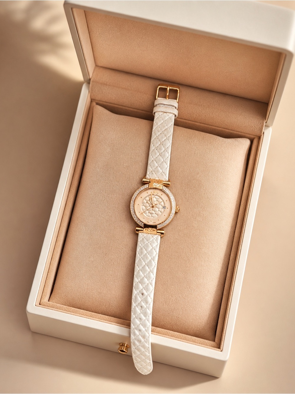 Women's White Leather Strap Watch with Rose Gold Case